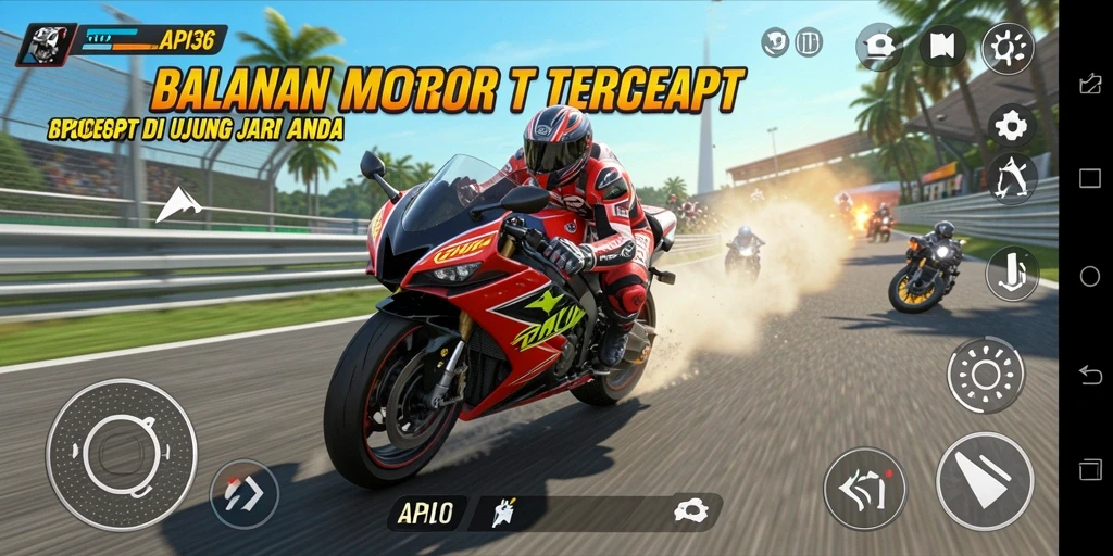 Tangkapan layar menampilkan aksi balapan motor yang menegangkan.