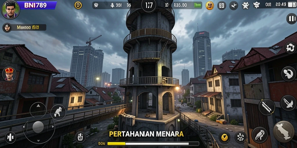 Screenshot menampilkan gameplay menara pertahanan yang intens.