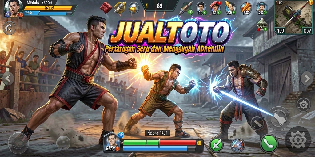 Screenshot JUALTOTO menampilkan aksi pertarungan yang mendebarkan dan karakter yang kuat.